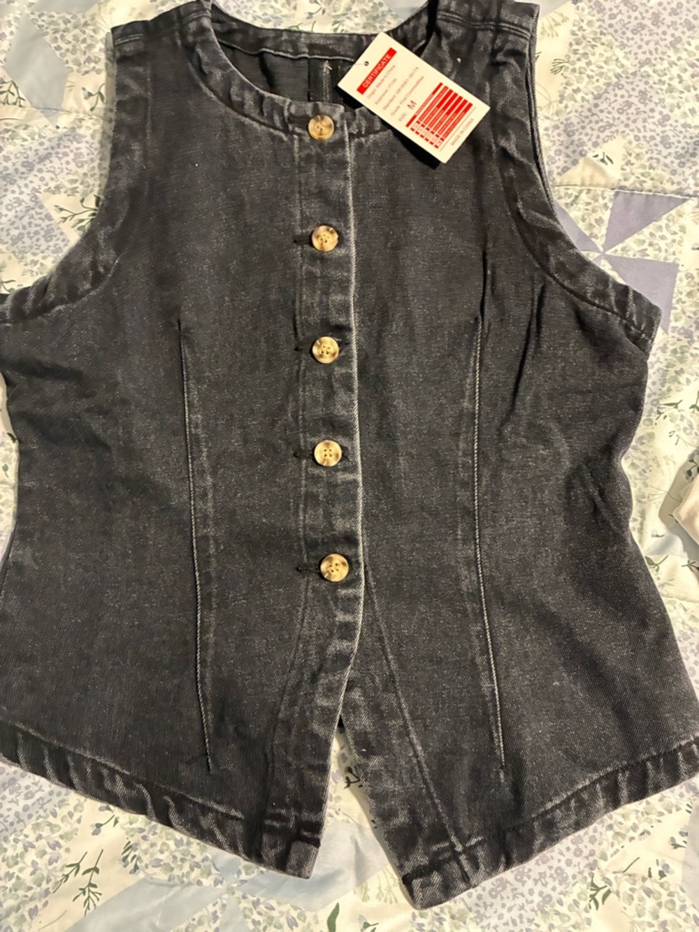 Denim Button Front Vest in Washed Black